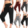 Pantalon femme Taille haute élastique Yoga élégant avec poches Couleur unie Sport court pour tenue décontracté