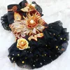 Dog Apparel Unique Handmade Clothes Pet Supplies Dress Black Gold Stars Moon Embroidered Accessories High-Collar One Piece Party Holiday