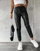 Pantalon Femme Femmes Pour 2024 Printemps Été Casual Simple Couleur Solide Taille Élastique Pu Cuir Avec Poche Menottée Y2K Basic Long