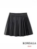 KONDALA Vintage Zwart Effen Chique Leer Vrouwen Pak Lange Mouw Korte Jassen Rits Ruches Mini Rok Mode 2024 Herfst