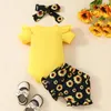 Giyim setleri bebek kız yaz 3pcs kıyafetler mektup baskı kısa kollu süren ayçiçeği şort kafa bandı set giysileri