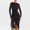 Vestidos casuais chique mulheres malha midi bodycon vestido moda sheer manga longa plissado hem sereia sexy slim fit cocktail