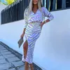 Casual Dresses 2024 Party Women V-neck Long Sleeve Dress Striped Print High Waist Front Split Hem Office Lady Midi Vestido Workwear