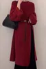 Casual Dresses SuperAen 2024 Korean Chic Winter Red Round Neck High Slit Design Knee Length Long Knit Dress