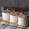 Opslagflessen Japanse stijl keramische suikerpot Houten deksel Lepelbak Home Keuken Servies Set Kruidenpot Zouttank Houten schotel