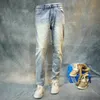 italiensk stil fi män jeans retro ljusblå stretch smal fit rippade jeans män vintage byxor designer denim byxor hombre q2oc#