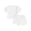 Kläduppsättningar födda småbarnflicka sommarkläder stickad ribben ruffle shirt shorts casual kläder 0 3 6 9 12 18 månader 2t