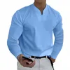 men's Lg Sleeve Shirts Casual Basic Solid Color V-Neck Clothes Comfortable Men's Work Tops I9MK#