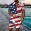 EUA Bandeira Americana 3D Impressão Mens Treino Manga Curta Zipper Collar Camisa Polo Shorts Define 2 Peças Masculino Streetwear Conjunto Ternos 240320