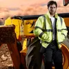 men Stripe Patchwork Hooded Jacket High Visibility Reflective Workwear Coat Work Wear hi vis Workwear e45Q#