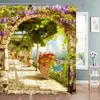 Rideaux de douche Clôture Fleurs Fenêtre bleue Nature Plantes florales Paysage Jardin moderne Tenture murale Décor de salle de bain avec crochets