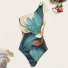 Mulheres Swimwear Mulheres Maiô Tinta Pintura Impressão Floral Monokini Saia Com Um Ombro Lace-Up Design Cintura Alta Para Senhora