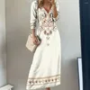 Freizeitkleider Damen Herbstkleid Bohemian Maxi mit Ethno-Print V-Ausschnitt Lange Ärmel Damen Frühling A-Linie Pullover in weich für Knöchel