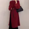 Casual Dresses SuperAen 2024 Korean Chic Winter Red Round Neck High Slit Design Knee Length Long Knit Dress