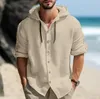 Camicia di lino da uomo estiva Solid Streetwear Manica Lg Felpa con cappuccio Cardigan Abbigliamento per uomo Top Casual Allentato Butt Uomo Camicie s1Eb #