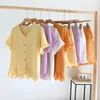 Casa Roupas Doce Cores Senhoras Est Babados Mangas Curtas Cardigan Tops Com Shorts 2 Pcs Pijama Conjunto Para Primavera E Verão Pijamas Mulheres