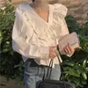 GkyocQ Koreaanse Mode Vrouwen Tops Lente Ruches Gesplitste Kraagvorm Lange Mouw Asymmetrisch Wit Overhemd Blouse