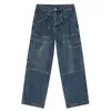 Jeans pour hommes 2024 printemps personnalité concevoir plusieurs poches lavage coréen fermeture éclair couleur unie coton haute rue lâche