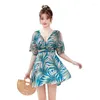 Women's Swimwear Women Piece Deep V Neck Swim Dress Floral Print Swimming Costume Tummy Control Skirted Swimsuit