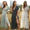 Vestidos casuales Verano Mujeres Foral Imprimir Vestido bohemio Moda Manga corta Cuello en V Cintura alta Hendidura Vacaciones Volantes Trajes largos