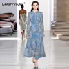 Robes décontractées Maryyimei Fashion Designer Femme 2024 Spring Stand-Up Collier à manches longues à volants Bord à lacets imprimé robe de bal longue