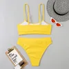 Kvinnors badkläder Sexig solid gul bikini Mujer High Cut Pleate Swimsuit Separat strandbaddräkt i midjan Biquini