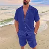 Hommes d'été décontracté lâche deux pièces ensembles plage solide coton lin homme costume à manches courtes chemise et shorts tenues de bureau B77t #