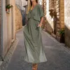 Casual Dresses Three-quarter Sleeve Dress Solid Color Elegant V-neck Split For Women Loose Fit High Waisted Spring