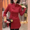 Ethnic Clothing 2024 Autumn Winter Women's Standing Collar Retro Heavy Industry Plate Buckle Mid Length Tangsuits Top Qipao Coat