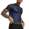 Men's T Shirts Sexy Sequins T-shirt Top Round Neck Short Sleeve Sequin Transparent Mesh Summer Male Club Party Tshirts Camiseta