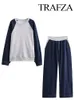 trafza Grey And Navy Blue O-Neck Lg Sleeve Butts Pullovers+Elastic Waist Pockets Zipper Wide Leg Pants Female Loose Suits 70MB#