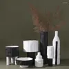 Vases Merlin Nordic Vase Noir Blanc Bois Plissé Cylindre Plateau Ornements En Céramique Minimaliste Décor À La Maison Avec Mat