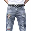 hot Sale Men's Luxury Jeans Streetwear Denim Pants Punk Distred Hole Tiger Embroidery Patches Stretch Skinny Ripped Trouser N5of#