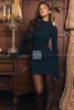 Casual Dresses Women Stand Collar Navy Blue Slim Fiting Midje Bodycon Acetate Dress