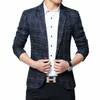 Fi Plaid Men's Blazers Autumn Pojedynczy tyłek niebieski Khaki szary młody mężczyzna odzież swobodne busin Slim Fit Male Suits Kurtka U0EC#