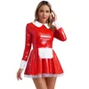 womens Shiny PVC Leather French Maid Costume Lg Sleeve Apr Maidservant Dr Halen Cosplay Party Fancy Dr Up v6Lg#