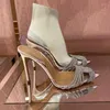 Sapatos de vestido PVC sandálias transparentes mulheres primavera e verão cruz strass apontado salto alto rosa diamante fada casamento