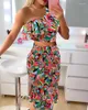 Work Dresses Womens Two Piece 2024 Summer Casual Vacation Paisley Print One Shoulder Ruffles Crop Top And Slim Fit Shirred Fishtail Skirt