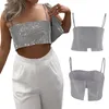 Frauen Tanks 2024 Sommer Spaghetti Strap Pailletten Leibchen Mode Shiny Silber Gestellte Ärmellose Weste Sexy Schlitz Casual Tops