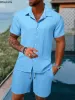 men's Beach Style Sets 2024 High-Quality Strip Texture Comfotable Casual 2-Piece Man Short Sleeve Shirts+Short Pants Suits Sets T7JH#