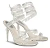 Bridal ReneCaovilla Chandelier Wind Sandals Shoes Women's High Heel Dress Shoe Crystals-embellished Satin Snake Beads Wrapped Strap Lady Summer Walk Sandalias Shoe