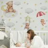 Pegatinas Oso Durmiente en Las Nubes Pegatinas de Pared Paracaídas Luna Estrellas Calcomanías de Acuarela para Habitación de Niños Habitación de Bebé Decoración de Pared de Guardería