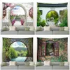 Kinesiskt naturligt landskap tapestry retro stil 3d arch dörr grön bambu vägg hängande tapestries modern bakgrundsdekor filt 240325