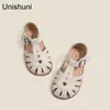 Unishuni filles demi sandale enfants chaussures en cuir véritable enfants évider printemps été chaussure coeur Design rétro princesse appartements 240319