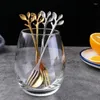 Cuillères 1 / 3pcs Gold Handle Handle Spoon Spoon en acier inoxydable feuille nordique mini remut petite fourche pour le dessert café Honey Home
