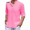 Mäns LINEN LG SLEEVE T-shirt Solid Color Loose Casual Shirt LG Sleeve Cott Linne Skjorta överdimensionerade V-Neck Topps S-5XL N1P5#