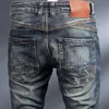 FI designer män jeans retro mörkblå stretch elastisk smal fit rippade jeans män italiensk stil vintage denim byxor hombre f8vq#