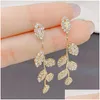 Stud Earrings Luxury Rhinestone Crystal Leaves Tassel Earring For Women 14K Real Gold Plated Trending Bridal Dangling Jewelry Drop Del Otebv