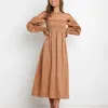 Robes décontractées femmes manches longues bouffantes été robe à col carré smocké une ligne couleur unie volants fluide swing midi rétro surdimensionné