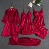 Hemkläder 5st Sleepwear Pyjamas Set Silk Women Nightdress Top Shorts Pants Pete Dress Robe Sleep Nightwear Solid Color